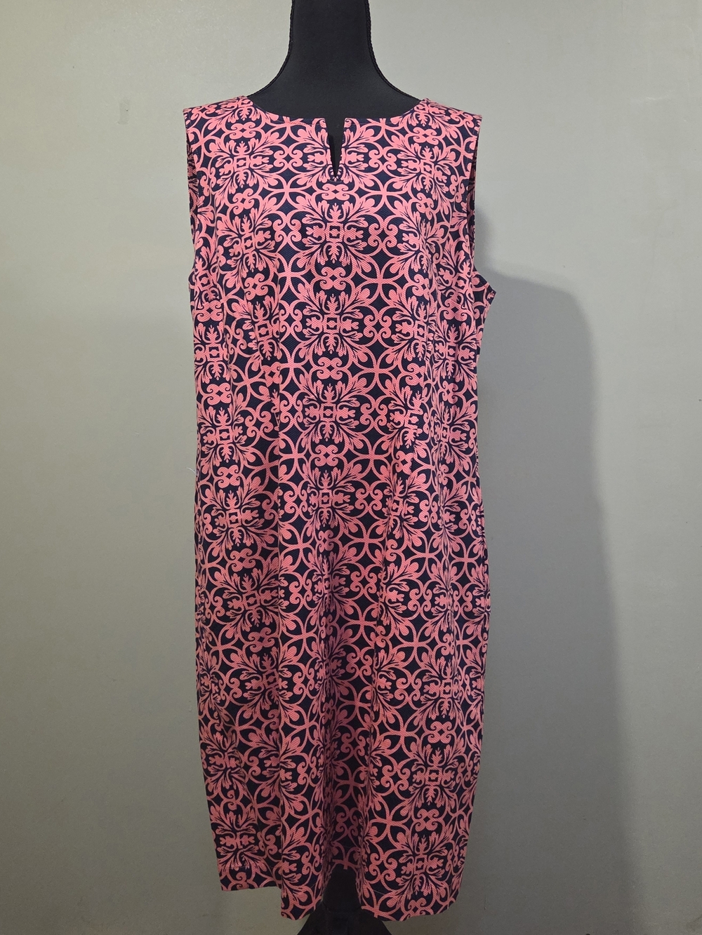 Talbots Damask Pink and Navy Pique Sleeveless Midi Dress